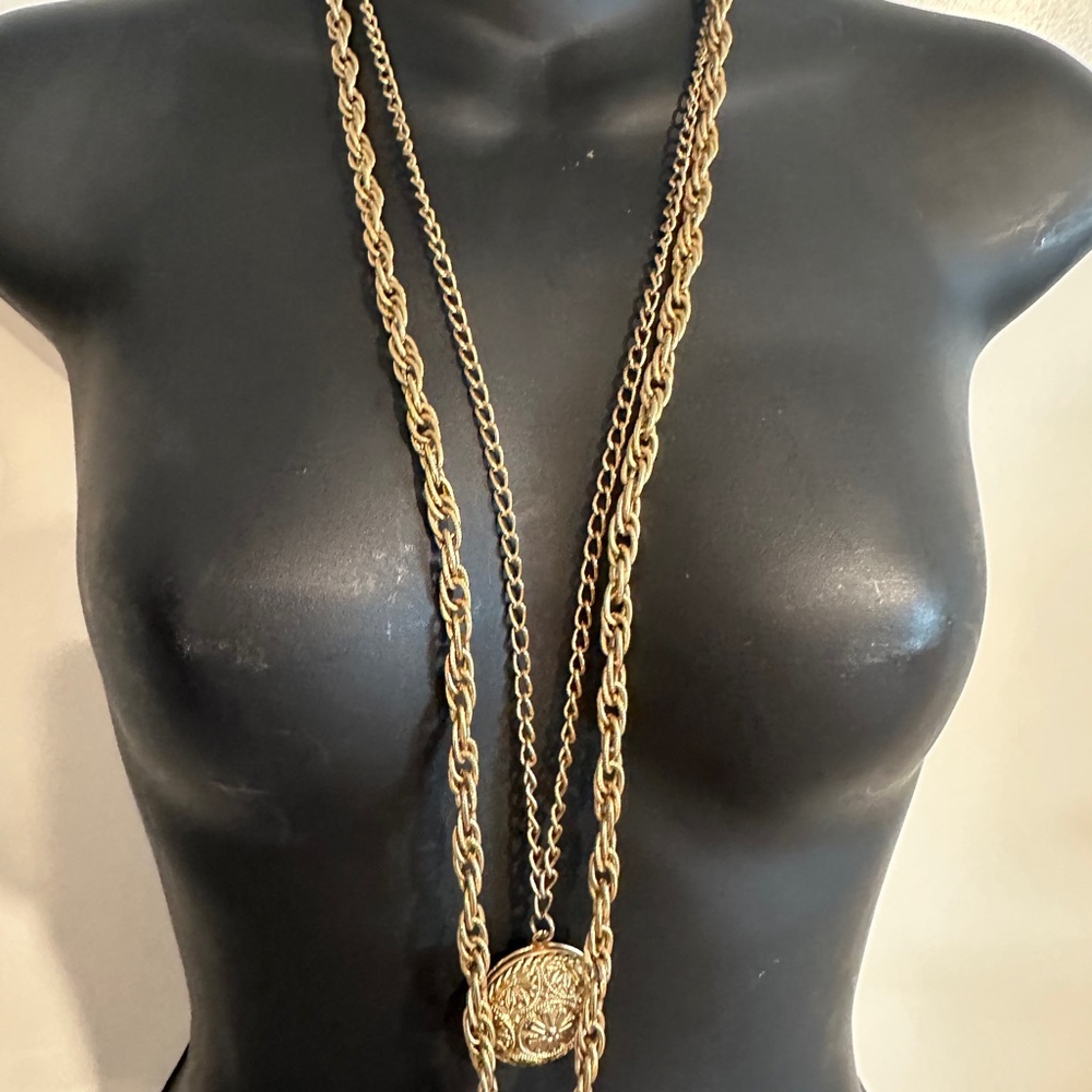 1928 Gold Tone Long Layered Rope Chain Necklace with Medallion